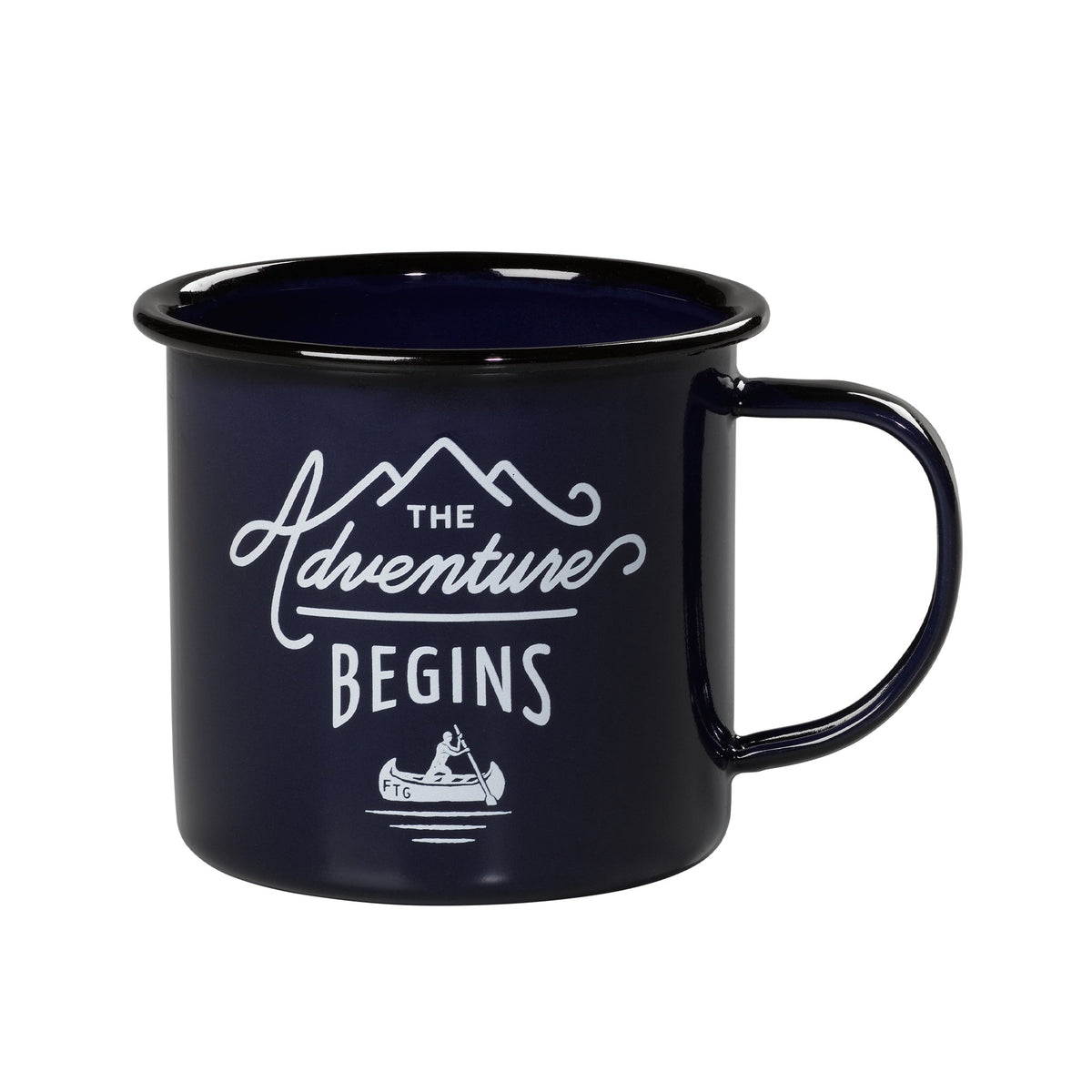 victoria + albert - Blauer Emaille-Becher mit "The Adventure Begins"-Schriftzug  